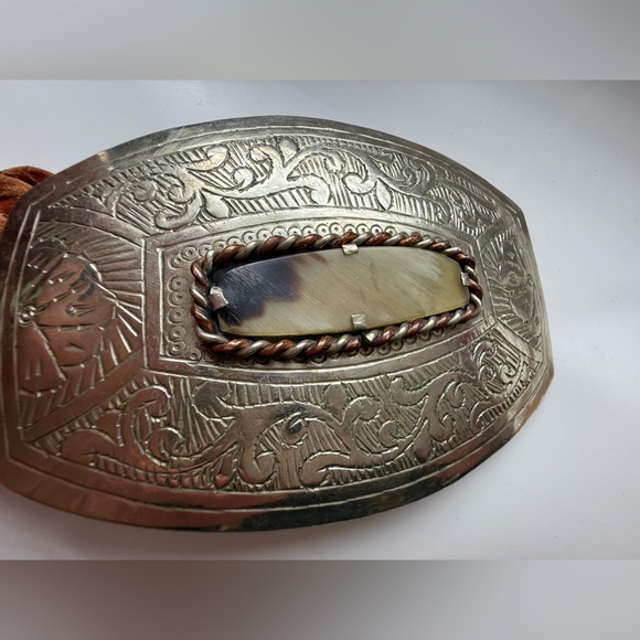 Vintage Braided Leather Belt Silver Tiger Eye Buckle - Picture 3 of 7